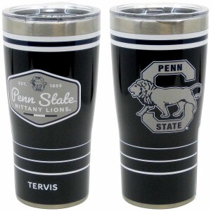 20 oz navy stainless steel tumbler with vintage Penn State Nittany Lions Est. 1855 on one side, block S with Penn State & lion on other